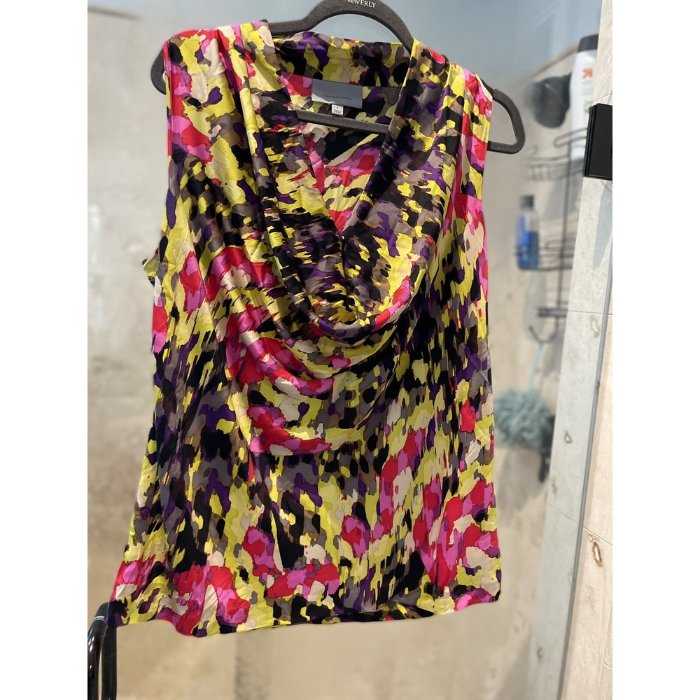 Classiques Entier Womens Sleeveless Silk Cowl Neck Top L Purple Green Watercolor